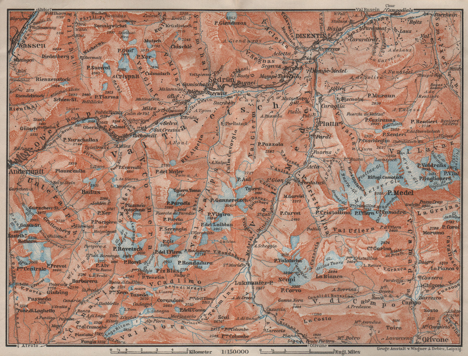 VAL TAVETSCH/MEDEL. Andermatt Disentis Sedrun Wassen Piz Medel. Topo-map 1909